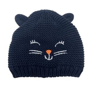 Carters Infant Black Cat Kitten Face Knit Hat Size 3-9 months Halloween Cute